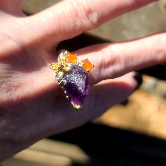 Raw Amethyst & Fire Opal Sterling handforged ring size 7.5